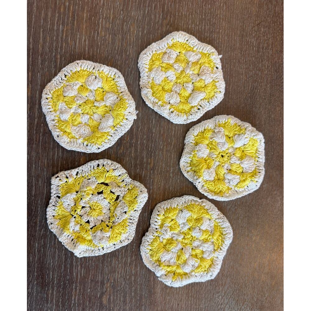 Vintage Yellow Cream Crochet Knit Coasters Set of 5 Retro Handmade Doily